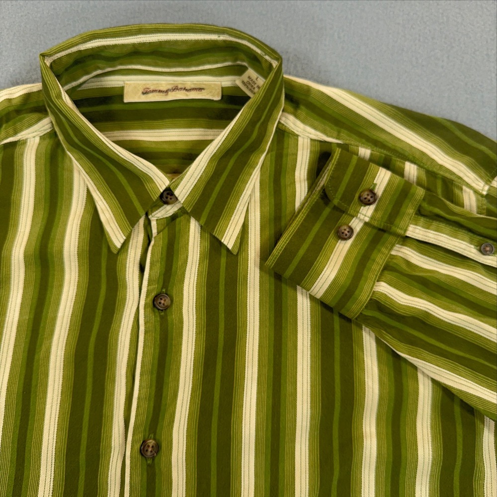 Tommy Bahama Mens Large Green Striped 100% Silk Long Sleeve Button Down Shirt